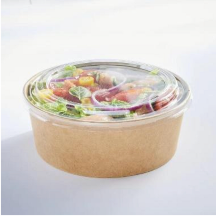 Combo Cuencos Kraft/ensaladeras de cartón marrón 1100ml + tapas rPET (200+200 unidades)